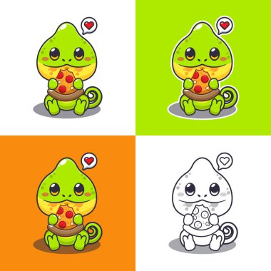 Tatlı bukalemun pizza yiyor. Çizim yapıyor.