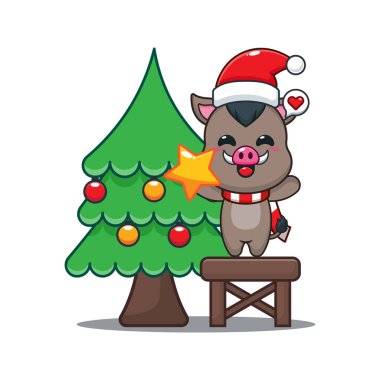 Cute boar decorating the Christmas tree on Christmas day. Cartoon vector illustration in Christmas day. clipart