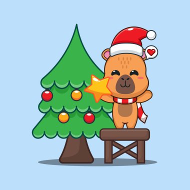 Noel ağacını Noel günü süsleyen sevimli kapibaralar. Noel gününde çizgi film vektör illüstrasyonu.