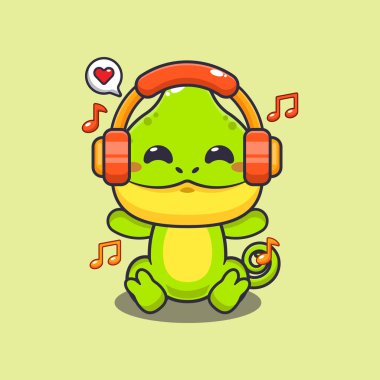 Bukalemun, kulaklık ve vektör çizimi ile müzik dinliyor.