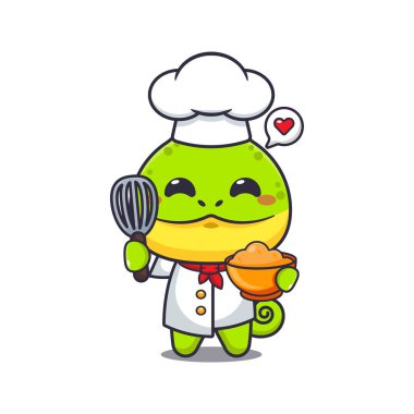 Şef bukalemun maskotu pasta hamurlu çizgi film karakteri.