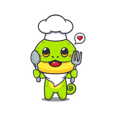 Şef Bukalemun maskot çizgi film karakteri kaşık ve çatal tutuyor..