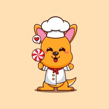 Şef Kanguru maskot karakteri elinde şeker tutuyor..