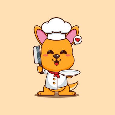 Şef kanguru maskot çizgi film karakteri bıçak ve tabakla.