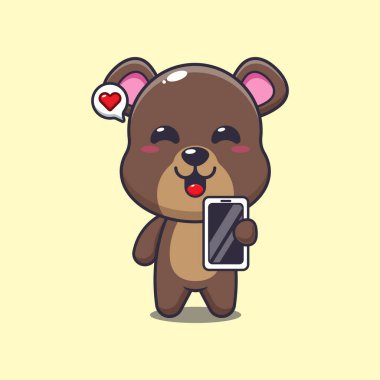 cep telefonlu ayı maskotu karakter çizimi.