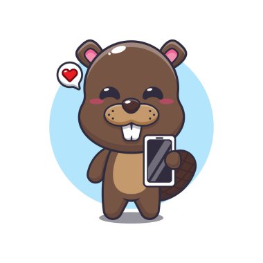 Kunduz maskotu cep telefonlu karakter çizimi.