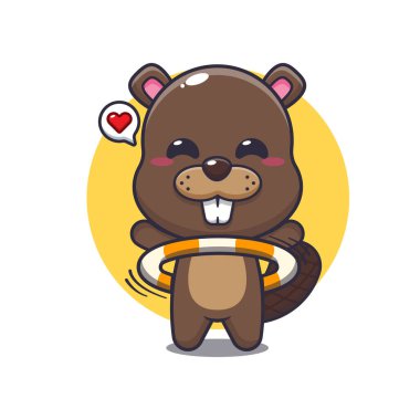 Kunduz maskotu çizgi film karakteri çizimi hula hoop oynuyor.