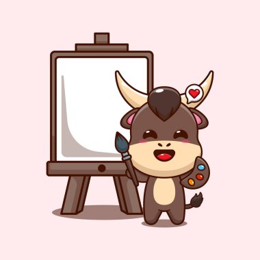 Boğa maskotu çizgi film karakteri çizimi tuval üzerine resim yapmak istiyor