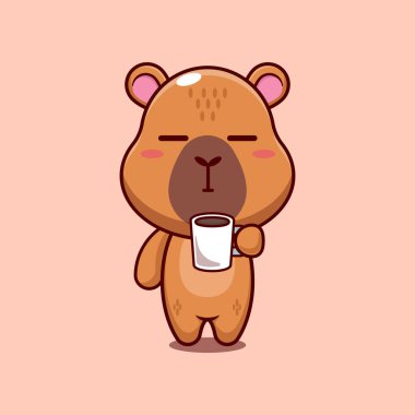 Capybara maskotu karakter çizimi yorucu ve uykulu bir şekilde elinde kahve tutuyor.. 