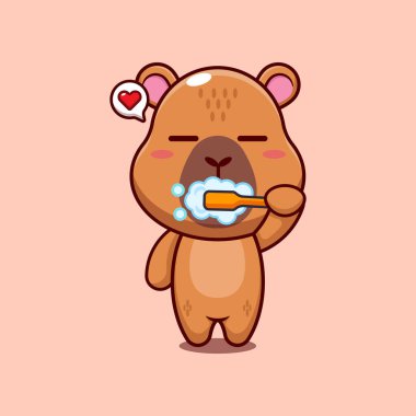 Capybara maskotu çizgi film karakteri çizimi diş fırçalama