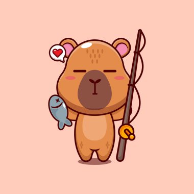 Capybara maskotu karakter çizimi vektör çizimi oltayla balık yakalama.