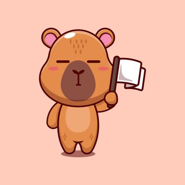 Capybara maskotu beyaz bayraklı karakter çizimi