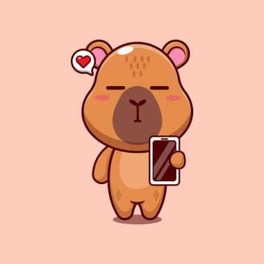 Capybara maskotu cep telefonlu karakter çizimi