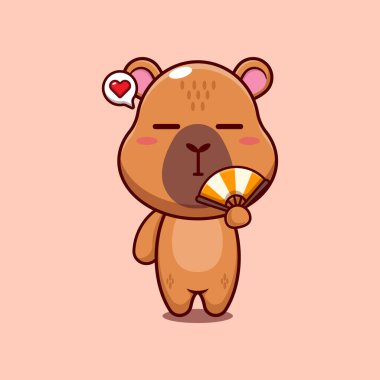 Capybara maskot çizgi film karakteri çizimi ve el yelpazesi