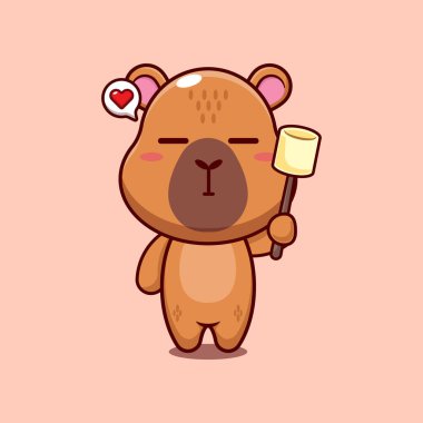 Capybara maskot çizgi film karakteri taşıyıcı illüstrasyonu lokum yiyor