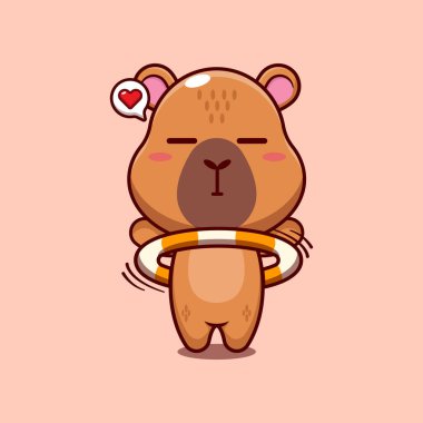 Capybara maskot çizgi film karakteri çizimi hula hoop oynuyor.