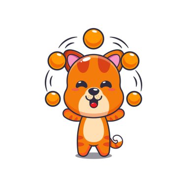 Kedi maskotu çizgi film karakteri vektör illüstrasyon topları ile sirk cazibesi.