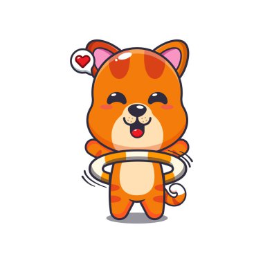 kedi maskotu çizgi film karakteri vektör çizimi hula hoop oynuyor.