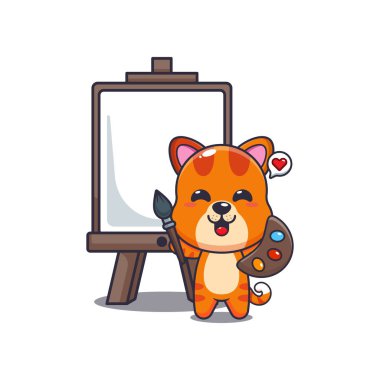 kedi maskotu çizgi film karakteri çizimi tuval üzerine resim yapmak istiyor.