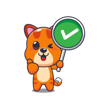 kedi maskotu çizgi film karakter vektör çizimi doğru işaret ile.