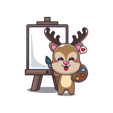 Geyik maskotu çizgi film karakteri çizimi tuval üzerine resim yapmak istiyor.