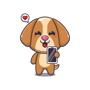 Cep telefonlu köpek maskotu karakter çizimi.