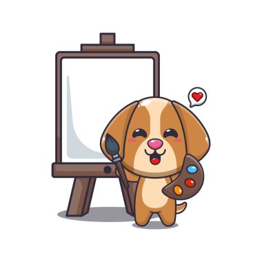 Köpek maskotu çizgi film karakteri çizimi tuval üzerine resim yapmak istiyor.