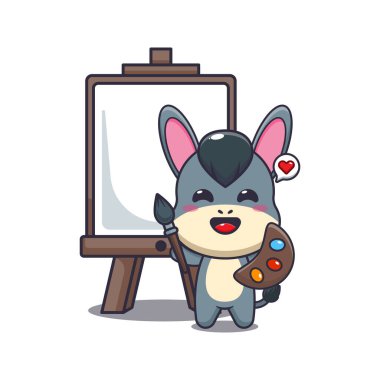 Eşek maskotu çizgi film karakteri çizimi tuval üzerine resim yapmak istiyor.