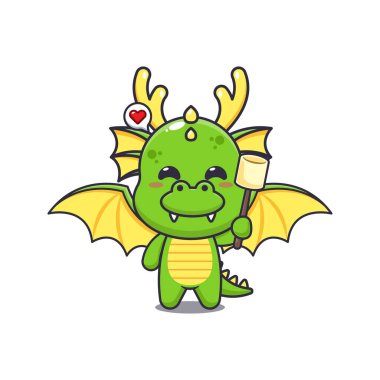 ejderha maskotu çizgi film karakteri taşıyıcı illüstrasyonu lokum yiyor.