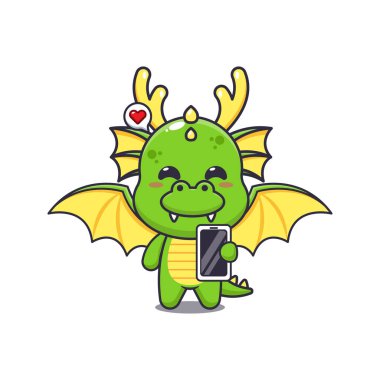 cep telefonlu ejderha maskotu karakter çizimi.