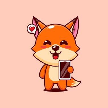 Cep telefonu karikatür çizimi olan şirin tilki. taşıyıcı karikatür çizimi poster, broşür, ağ, maskot, etiket, logo ve simge için uygundur.