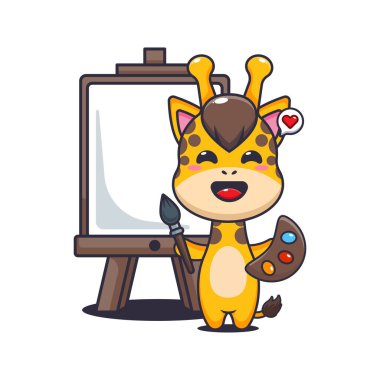 Şirin zürafa, tuval karikatür çizimi yapmak istiyor. taşıyıcı karikatür çizimi poster, broşür, ağ, maskot, etiket, logo ve simge için uygundur.