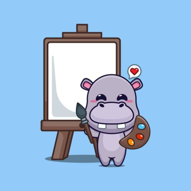 hipopotam maskot çizgi film karakteri çizimi tuvale resim yapmak istiyor