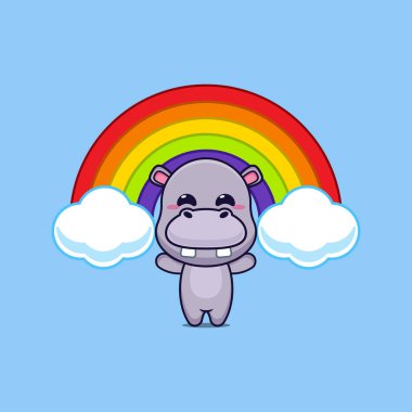 hipopotam maskot çizgi film karakteri çizimi gökkuşağı ile