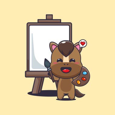 at maskotu çizgi film karakteri çizimi tuval üzerine resim yapmak istiyor