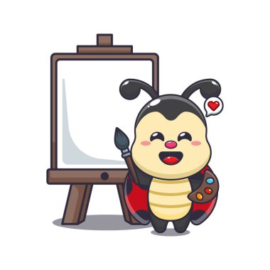 Uğur böceği tuvale resim yapmak istiyor. Maskot çizgi film karakter vektör çizimi.