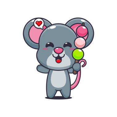 Fare çizgi filmi vektör illüstrasyonu yiyen dango