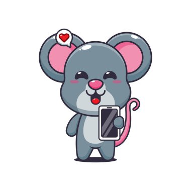 Cep telefonlu fare çizgi film vektör çizimi