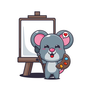 Fare karikatür vektör çizimi tuval üzerine resim yapmak istiyor