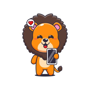 Cep telefonlu aslan çizgi film vektör çizimi