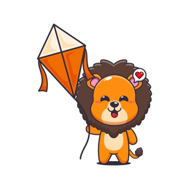 Aslan karikatürü vektör çizimi uçurtma oynuyor