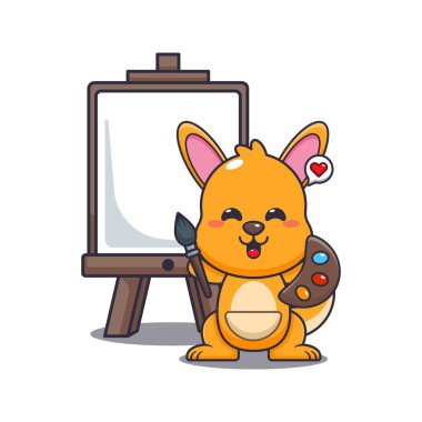 Kanguru karikatür vektör çizimi tuval üzerine resim yapmak istiyor.