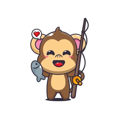 Balıkçı oltasıyla balık yakalayan maymun çizgi film çizimi