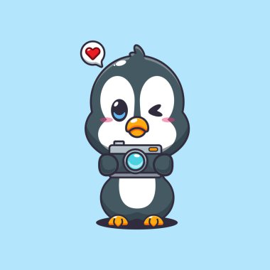 Kameralı Penguen karikatür vektör çizimi