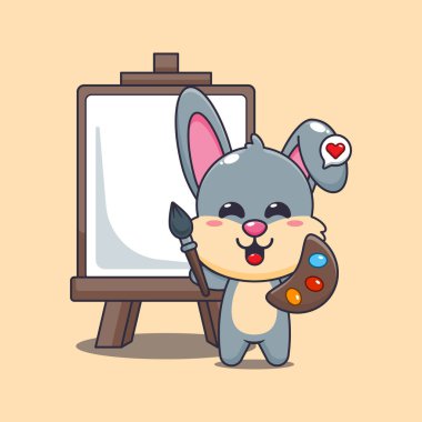 Şirin tavşan karikatür vektör çizimi tuvale resim yapmak istiyor.