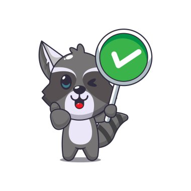 Doğru işaretli şirin rakun çizgi film vektör çizimi