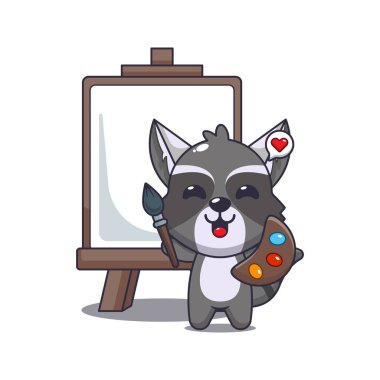 Şirin rakun karikatür vektör çizimi tuvale resim yapmak istiyor.