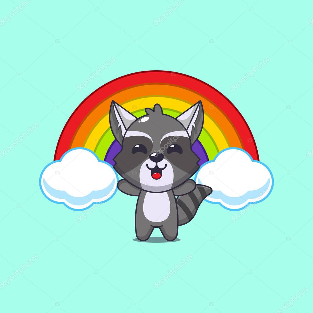 Cute raccoon cartoon vector illustration with rainbow