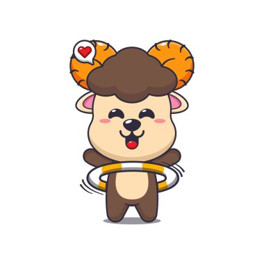 Hula hoop oynayan sevimli koç çizgi film vektör çizimi