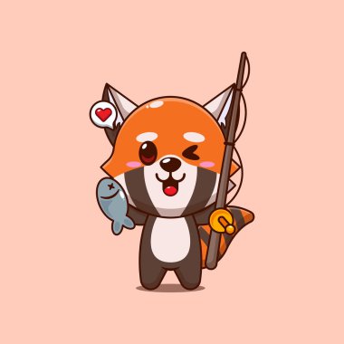 Şirin kırmızı panda çizgi film vektör çizimi oltayla balık yakalıyor.